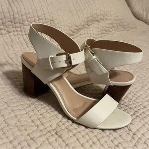 Kelly & Katie White Block Heel Sandals with Gold Buckle
